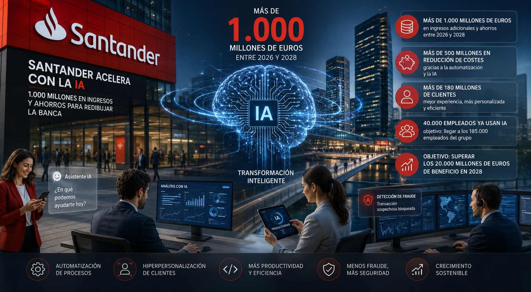 Santander acelera con la IA: 1.000 millones en ingresos y ahorros para redibujar la banca